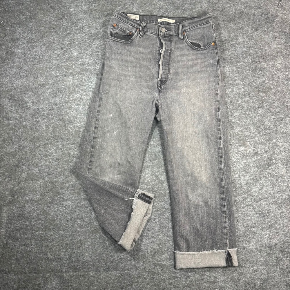 Levis Premium Ribcage Straight Jeans Women 29 Selvedge Gray Button Fly Raw Hem
